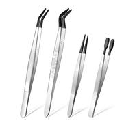 Ainiv 4Pcs Stainless Steel Tweezers, with Non Slip Rubber Straight/Flat/Long Curved Tips Non Marring Tweezers, Silicone Tipped Tweezer Tools, for Jewelry Crystals Bead Making, Crafts Making, Lab