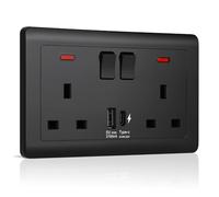 Ainiv Double Plug Socket, 2 Gang 13A Twin Electric Double Sockets, Switched Wall Socket with Charge Type A and Type C USB Charging Ports, Electrical Power Outlets, Black