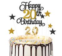 Ainiv Happy 20th Birthday Cake Toppers, Number 20 Candle for Cakes | Black Gold Decorations for Women Men 20th Birthday Party, Black Gold Star Cake Topper for Cupcake Desserts Pastries