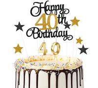 Ainiv Happy 40th Birthday Cake Toppers Set, Number 40 Candle for Birthday Cake, Black Gold 40th Cake Decorations for Women Men Birthday Party, Black Gold Star Cake Topper for Cupcake Desserts Pastries