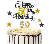 Ainiv Happy 50th Birthday Cake Toppers Set, Number 50 Candle for Birthday Cake, Black Gold 50th Cake Decorations for Women Men Birthday Party, Black Gold Star Cake Topper for Cupcake Desserts Pastries