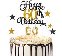 Ainiv Happy 60th Birthday Cake Toppers Set, Number 60 Candle for Birthday Cake, Black Gold 60th Cake Decorations for Women Men Birthday Party, Black Gold Star Cake Topper for Cupcake Desserts Pastries