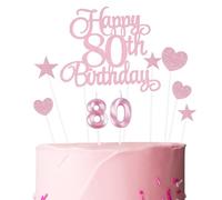 Ainiv Happy 80th Birthday Cake Toppers Set, Pink Number 80 Candle for Birthday Cake, Happy 80th Birthday Cake Decorations for Women Men, Pink Star Heart Cake Topper for Party Cupcake Desserts Pastries