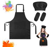 Ainiv Kids Apron and Chef Hat Set, Black Adjustable Kids Chef Outfit with 2 Sleeves, Kids Aprons for Cooking with 2Pockets, Artist Toddler Apron for Kids, Children's Aprons for Baking Cooking Painting