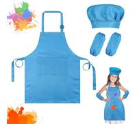 Ainiv Kids Apron and Chef Hat Set, Blue Adjustable Kids Chef Outfit with 2 Sleeves, Kids Aprons for Cooking with 2 Pockets, Artist Toddler Apron for Kids, Children's Aprons for Baking Cooking Painting