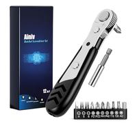 Ainiv Mini Ratchet Wrench, 12-Piece Right Angle Magnetic Screwdriver, 1/4" Reversible Small Ratcheting Wrench with 1 Extension Rod and 10 Screwdriver Bits, 36-Tooth Mini Ratchet Set for Tight Spaces