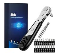 Ainiv Mini Ratchet Wrench, 22-Piece Right Angle Magnetic Screwdriver, 1/4" Reversible Small Ratcheting Wrench with 1 Extension Rod and 20 Screwdriver Bits, 36-Tooth Mini Ratchet Set for Tight Spaces