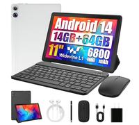 Ainmel Android 14 Tablet, 11 Inch Tablets with Octa-Core | 14GB RAM 1TB Expand | 6800mAh | Widevine L1 | BT5.0 | WiFi 6 | Face ID | 2 in 1 Tablet with Keyboard, Mouse&Case-White