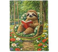 ainori Adorable Sloth Forest Fleece Blanket,Whimsical Animal with Book and Flower Blankets,Soft and Warm Decorative Throws for Sofa,Travel,Lightweight Throw Gifts for Nature Lovers Readers 50”x60”