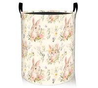 ainori Rabbit Floral Laundry Basket, Oxford Cloth Romantic Pastel Dirty Clothes Collapsible Hamper for Room Decor, Bunny and Flower Print Gifts Toy Organizer 19.7*15.8 Inch for Bedroom Bathroom Dorm