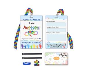 Ainrvteers Autism Safety Tag Card Set with Custom Lanyard, 2 Writable Autistic Emergency Contact Card for Autistic Person (Colorful)