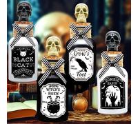 Ainswei Halloween Decorations Indoor, 4 Potion Bottle with Cork, 12PCS Label Halloween Stickers, Black and White Apothecary Glass Bottles, For Tiered Tray Table Home Room Halloween Decor