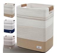 AINUOQI Laundry Hamper Large Laundry Basket with Leather Handles, Decorative Storage Cotton Rope Woven Basket for Blankets, Clothes Hamper for Living Room, Jute & White, 85L