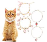 Ainvhh 4 PCS Cat Pearl Collar with Bow Pendant Pink Necklace Adjustable Size Accessories Bling Diamond Heart Shape Rhinestone Cute Pet Jewelry Accessory for Small Dogs Cats