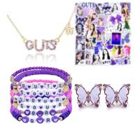 Ainvliya D3 Friendship Bracelets Set for Fans, Guts&Sour Album Inspired Beaded Elastic Bracelet with 6PCS Bracelets,Necklace *1, Earrings *1 pair Purple Stickers Album Concept for Women Girls Gifts