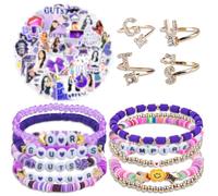 Ainvliya D4 Friendship Bracelets Set for Fans,Guts&Sour Album Inspired Beaded Elastic Bracelet with 10PCS Bracelets, 4PCS Rings,Purple Stickers Album Concept for Women Girls Gifts Tour Outfit
