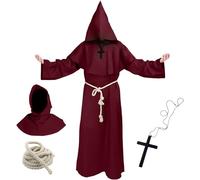 Ainvliya Monk Costume for Adult Men, Medieval Hooded Monk Outfit with Cape Rope Belt and Cross Necklace, Priest Renaissance Fancy Dress for World Book Day, Carnival Cosplay