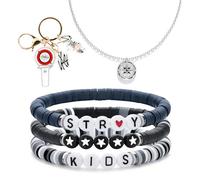 Ainvliya St-ray Kids Merch Set for Fans, 5-Piece STAY Accessory Bundle with 3x Inspired Kpop Bracelets, Compass Pendant SK Necklace and Lightstick Keychain, K-Pop Jewelry Gift for Girls Teens Women