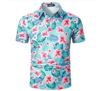 AIOIDI Mens Hawaiian Short Sleeve Polo Shirts Classic Printed Golf Casual Soft T-Shirt Summer Holiday Beach Tops Blue Flowers L