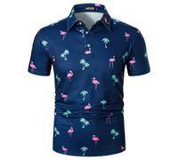 AIOIDI Mens Hawaiian Short Sleeve Polo Shirts Classic Printed Golf Casual Soft T-Shirt Summer Holiday Beach Tops Blue Flamingos 2 S