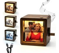 Aiom Personalised Hand-Crank Flip Photo Album Music Box, Custom Engraved Wooden Picture Box with 3-Colour LED Light & USB Audio Import, Romantic Anniversary & Birthday Memory Box Gift for Couples