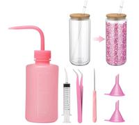 AIOMOB 6 Pcs Snow Globe Tumbler Supplies Glitter Snow Globe DIY Making Kits Plastic Squeeze Bottle Tweezers Bent Syringe Stirring Needle Small Funnel for Cup Crafts Making Supplies (Pink)