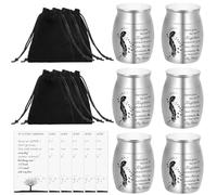 AIOMOB 6 Set Small Urns for Ashes Cremation Urns 1.57 Inch Silver Ashes Keepsake Funeral Urn with Memorial Cards and Velvet Bag for Human Pet Ash (Feather)
