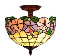 Aioneer 12" Tiffany Style Ceiling Light Fixture Stained Glass Semi Flush Mount Ceiling Lamp,2 Light, Traditional Dimmable Metal Decor Chandeliers For Bedroom Kitchen Dining Livin-I