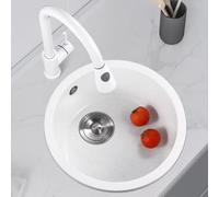 Aioneer Bar Counter Sink, Workstation Sink, Household Round Single Bowl Sink, High-Density Quartz Stone Embedded Sink, With Pull-Down Fauce And Accessories-42cm White