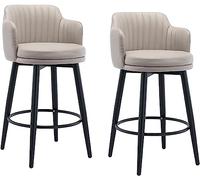 Aioneer Bar Stools Barstools Swivel Bar Stools Set Of 2 With Low Back Kitchen Island Bar Chair, Counter Height With Arms, Nappa Leather Pedal Chrome Upholstered Seat, For Bars, C-Khaki-65cm