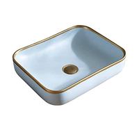 Aioneer Bathroom Sink 20.4"×15.7" Rectangle Bathroom Vessel Sink Golden Edge Porcelain Ceramic Above Counter Basin Vessel Vanity Sink Art Basin, Ideal For Home Lavatory Vanity-Light Blue