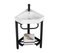 Aioneer Bathroom Sink Corner Bathroom Vanity Sink With Stainless Steel Storage Stand, Triangular Ceramic Basin Top Console Sink Freestanding Sink With Faucet & Drain And Mirror B-B-42CM