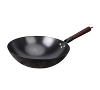 Aioneer Chinese Hand Hammered Iron Wok, Round Bottom Uncoated Cast Iron Stir Fry Pan with Wooden Lid, Non-Stick, Less Oil, High Thermal Conductivity-One Color-32cm