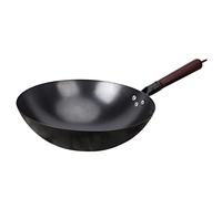 Aioneer Chinese Hand Hammered Iron Woks, Round Bottom Uncoated Cast Iron Wok & Stir Fry Pans with Wooden Lid, No Coating, Less Oil, Non-Stick Pot-36Cm-One Color-34cm