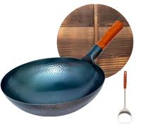 Aioneer Chinese Traditional Iron Pot Hand Hammered Cast Iron Wok Stir Fry Pans Round Bottom with Wooden Lid & Handle No Coating Less Oil Non-Stick Pot 32Cm-One Color-32cm