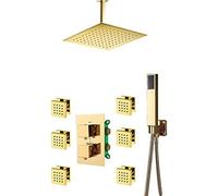 Aioneer Gold Thermostatic Shower Faucets Set 3-Way Embedded Golden Thermostatic Mixer Tap With 6Pcs Massage Jets Bath Shower Set,12 Inch Full Set,8 Inch Full Set-10 Inch Full Set