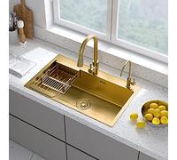 Aioneer Kitchen Sinks, Rectangular Sinks, Golden Nano-Coating Process,Top/Undermount Mount Kitchen Sink With Accessories, Stainless Steel Bar Prep Kitchen Sink-Golden-60x45cm
