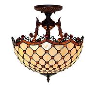 Aioneer Tiffany Ceiling Light Fixture Semi Flush Mount 16" Stained Glass Shade Ceiling Lamp 3 Light Dimmable Victorian Style Hanging Lamp For Living Room Bedroom Kitchen Hallway