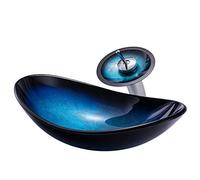 Aioneer Vessel Sink Artistic, Tempered Glass Vessel Sinks Basin Bowl Setm, Top Mount Bathroom Sinks Above Counter With Faucet And Pop Up Drain Combo-Blue