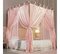 AIOOO 4 Corners Post Princess Curtain Bed Canopy Double Layer Cozy Mosquito Net Mesh and Cloth for Girls Adults Bedroom Decoration (Double-Beigepink/White, 78" W*86" L*82"*H/(King))