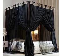 AIOOO 4 Corners Post Princess Curtain Bed Canopy Double Layer Cozy Mosquito Net Mesh and Cloth for Girls Adults Bedroom Decoration (Double-Black/Black, 78" W*86" L*82"*H/(King))
