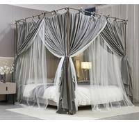 AIOOO 4 Corners Post Princess Curtain Bed Canopy Double Layer Cozy Mosquito Net Mesh and Cloth for Girls Adults Bedroom Decoration (Double-Grey/White, 59" W*82" L*82"*H/(Queen))