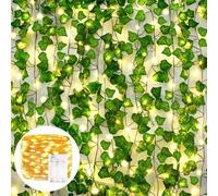 AIOR 12 Strands Fake Ivy Vines with 100 LEDs String Lights, 6.5 Ft Artificial Ivy Garland Greenery Leaves UV Resistant Hanging Faux Plants for Wedding Table Garden Backdrop Arch Wall Room Decor