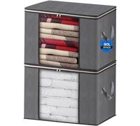 AIOR 2PCS Clothes Storage Bag, 90L Large Capacity Organizer Bags for Clothes, Duvets, Comforters, Blankets, Bedding, Foldable with Sturdy Zipper and Clear Window, Grey