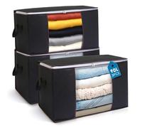 AIOR 3PCS Clothes Storage Bag, 90L Large Capacity Organizer Bags for Clothes, Duvets, Comforters, Blankets, Bedding, Foldable with Sturdy Zipper and Clear Window, Black