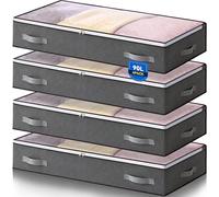 AIOR 4 Pack 90L Under Bed Storage Bags, Large Capacity Closet Organizer Bags for Clothes, Comforters, Blankets, Bedding, Foldable Container with Sturdy Zipper and Clear Window