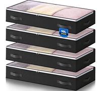 AIOR 4 Pack 90L Under Bed Storage Bags, Large Capacity Closet Organizer Bags for Clothes, Comforters, Blankets, Bedding, Foldable Container with Sturdy Zipper and Clear Window (Black)