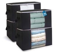 AIOR 4PCS Clothes Storage Bag, 90L Large Capacity Organizer Bags for Clothes, Duvets, Comforters, Blankets, Bedding, Foldable with Sturdy Zipper and Clear Window, Black
