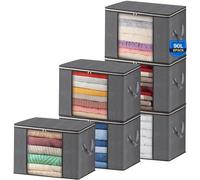AIOR 6PCS Clothes Storage Bag, 90L Large Capacity Organizer Bags for Clothes, Duvets, Comforters, Blankets, Bedding, Foldable with Sturdy Zipper and Clear Window, Grey