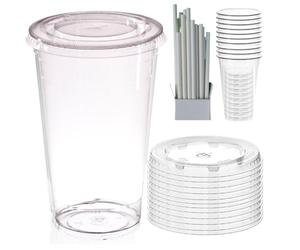AIOS Avenue's Re-usable Takeaway Cups with Flat Lids and Paper Straws. 500ml/17oz. Pack of 50. Fits car Holders. for iced or hot Drinks.